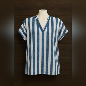 Blue White Striped V-Neck Top XL Lightweight Short Sleeve Casual Summer Blouse